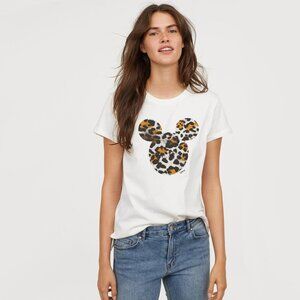 EUC H&M x Disney white & animal print Mickey Mouse graphic motif t-shirt, L